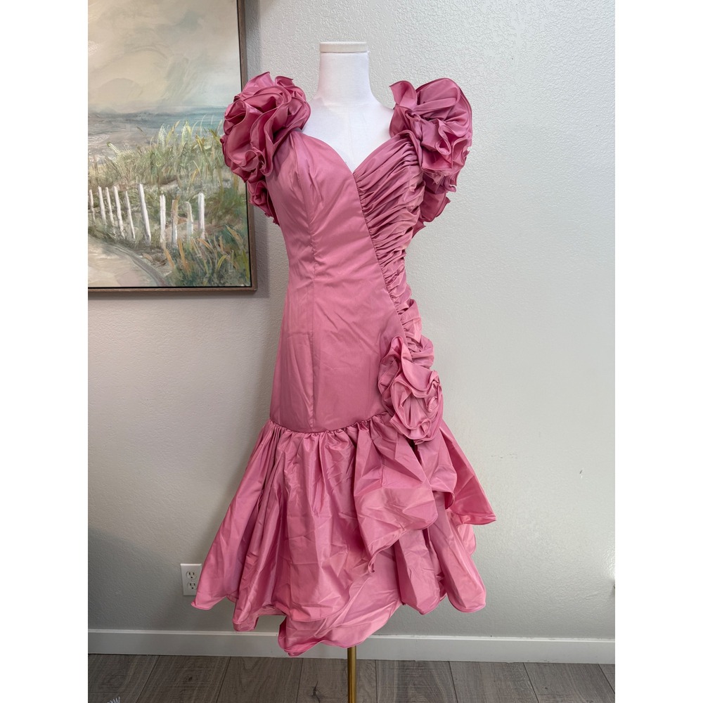 Vintage Alyce Designs Pink Ruffle Prom Dress 80s Gown Size 14 Made in USA